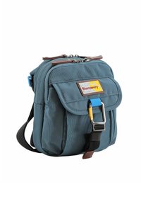 Borsa a tracolla in nylon blu con tasca frontale a pattina, chiusura con zip, dettagli in pelle marrone e moschettone in metallo. Design compatto.