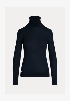 Sweater preto de gola alta com mangas compridas, um design ajustado e uma bainha canelada. Um detalhe em logo dourado está posicionado perto da parte inferior.