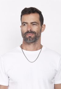 Silverfärgat halsband i kedjestil bärs över en vit t-shirt. Halsbandet är tunt med ett subtilt texturerat mönster. Bakgrunden är enfärgat vit.