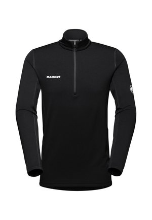 Black half-zip pullover made of fleece material. Features a high collar, contrast stitching, and a logo on the chest and sleeve.