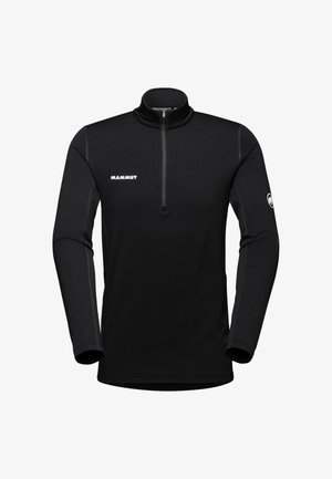 Felpa nera mezza zip in materiale felpato. Caratterizzata da un colletto alto, cuciture a contrasto e un logo sul petto e sulla manica.