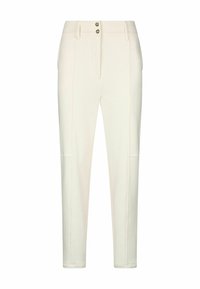 Pantaloni su misura color crema con una vestibilità slim, dotati di due tasche frontali, due chiusure con bottoni metallici e dettagli di cucitura discreti.