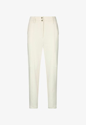 Cremefarbene, taillierte Hose mit schmalem Schnitt, ausgestattet mit zwei Vordertaschen, zwei Metallknopfverschlüssen und dezenten Steppdetails.