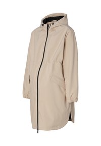 Beige huva jacka med elastiska muddar, framfickor med dragkedja och sidofickor; har en avslappnad passform och ett mjukt, lätt tyg.