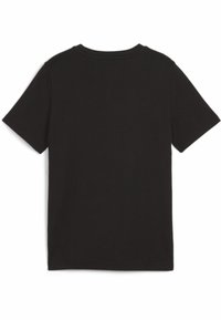 Camiseta negra de manga corta hecha de una mezcla de algodón. Cuenta con un cuello redondo clásico y un corte recto sin patrones ni acentos visibles.