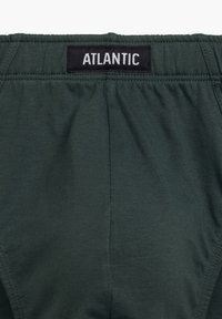 Ciemnozielone bawełniane majtki męskie z czarną metką z napisem „ATLANTIC” na elastycznym pasie. Charakteryzują się gładką teksturą i dopasowanym krojem.