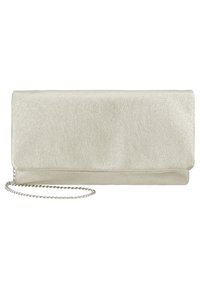 Clutch in faux pelle argento con finitura strutturata, forma rettangolare, chiusura a pattina e tracolla rimovibile.