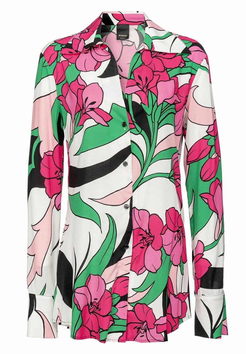 Chemise à manches longues boutonnée avec un grand motif floral rose, vert, noir et blanc.