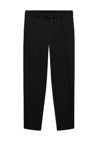 Zwarte tapered broek met voorkruimelzakken, riemlussen en trekkoord in de taille, gepresenteerd tegen een witte achtergrond.