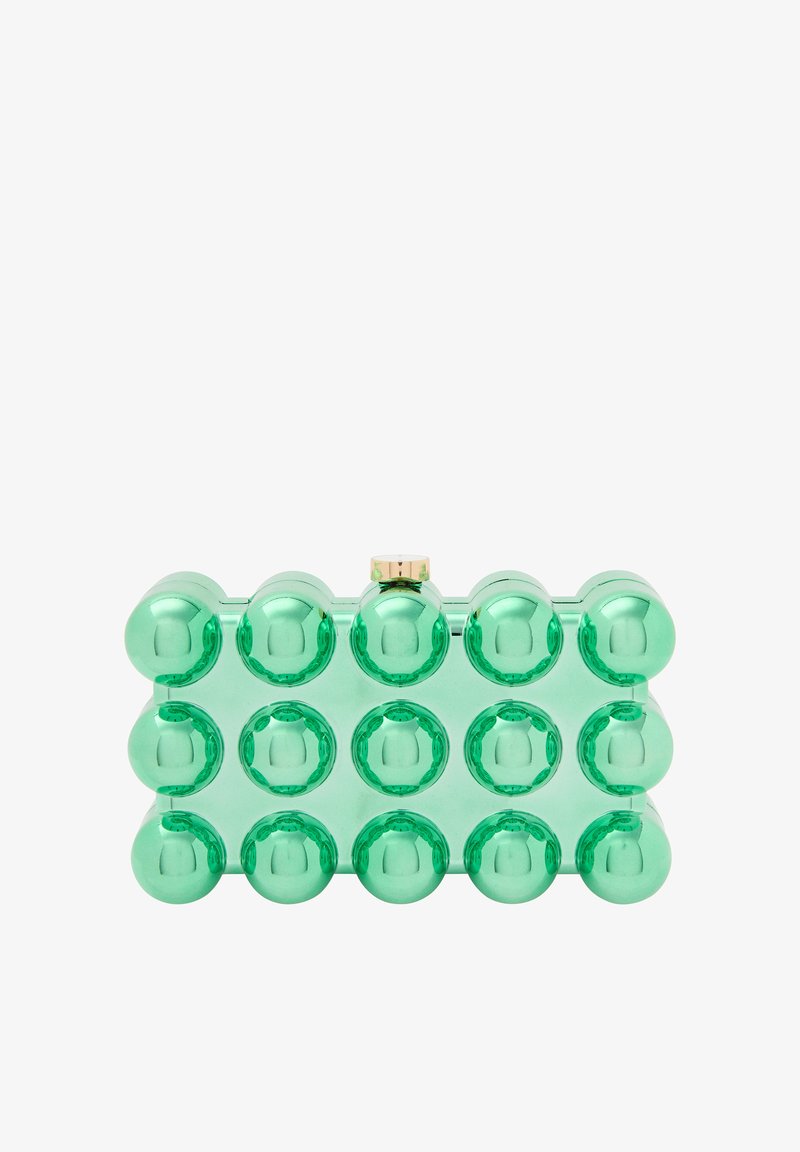 Zielona akrylowa kopertówka o zaokrąglonej, bąbelkowatej fakturze, z złotą zapięciem. Prostokątny kształt z gładkim, błyszczącym wykończeniem i wyraźnym wzorem.