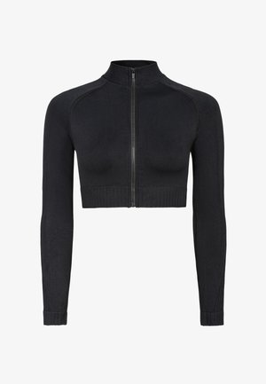 Schwarze, taillierte Zip-Jacke mit langen Ärmeln, aus glattem Strickstoff gefertigt. Verfügt über einen hohen Kragen sowie gerippte Säume und Bündchen.