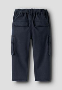 Navy blue cargo pants with an elastic waistband, two side pockets, and two back pockets. Made from durable cotton material.
