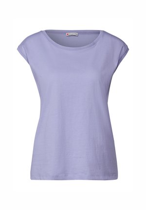 T-shirt corto lavanda a maniche corte realizzato in cotone leggero. Presenta un collo rotondo e dettagli di orlo cuciti in modo pulito.