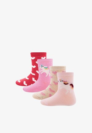 Four colorful children’s socks in red, pink, beige, and light pink featuring hearts and unicorn designs.