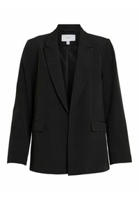 Černé sako z lehkého materiálu s výběžkovým klopou, otevřeným předním dílem, dvěma předními kapsami a dlouhými rukávy. Hladká texturá.