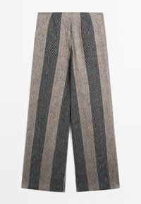 Pantalon à jambes larges avec bandes verticales larges alternées en tissu texturé gris et charbon foncé, taille plate à l'avant, sans attaches visibles.