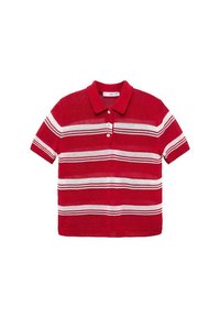 Röd kortärmad polo med vita horisontella ränder och tre vita knappar fram.