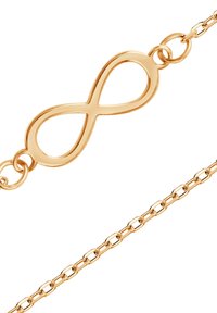 Złota bransoletka z zapięciem w kształcie symbolu nieskończoności, owalnymi ogniwami łańcucha i gładką, błyszczącą teksturą na całej powierzchni.