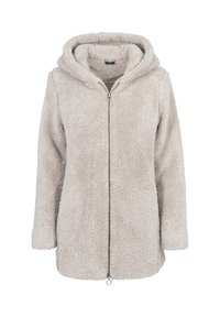 Veste polaire à capuche gris clair avec fermeture éclair complète à l'avant et manches longues, tissu doux et texturé adapté au temps froid.