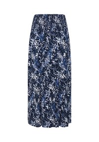 Tmavě modrá maxi sukně s nařaseným pasem, zdobená květinovým vzorem v odstínech modré a bílé, vyrobená z lehké tkaniny.