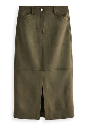 Jupe olive verte à mi-mollet avec fente à l'avant, passants de ceinture, fermeture à bouton et deux poches avant obliques, fabriquée en tissu ressemblant à du daim.