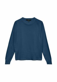 Pull à manches longues avec col rond, de couleur bleu marine uni, avec poignets et encolure côtelés, posé à plat sur fond blanc.