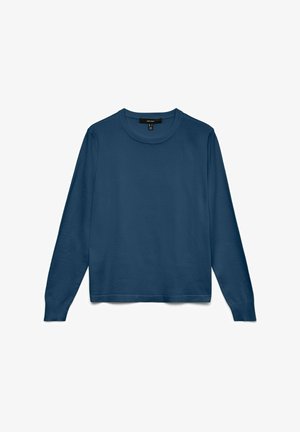 Pulover z dolgimi rokavi in okroglim izrezom v trdni temno modri barvi, z rebrastimi manšetami in izrezom, položen na ravno belo podlago.