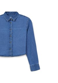 Camicia in denim cropped con chiusura a bottoni, colletto tradizionale, maniche lunghe e una morbida trama blu. Presenta bottoni metallici.
