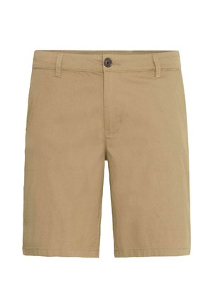 Beiga bomullsshorts med knäppning, med bältesloopar, framfickor och rak bendesign. Slät textur och enkel sömnad.