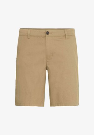 Beige bomullsshorts med knappelukking, som har beltehemper, frontlommer og rette ben. Glatt tekstur og enkel søm.