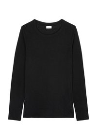 Zwarte langarm T-shirt met ronde hals, gemaakt van zachte stof. Heeft een eenvoudig ontwerp en geen zichtbare patronen of accenten.