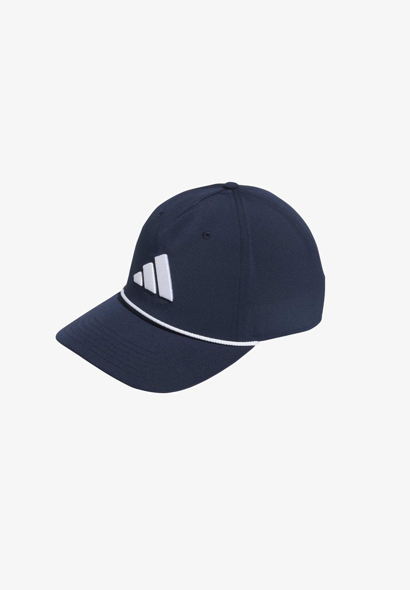 Navy blue cap with a rounded crown, white Adidas logo on the front, and a white accent band around the base of the visor. Smooth fabric texture.