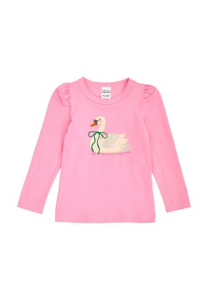 Rosa Langarmshirt für Kleinkinder mit Puffärmeln, vorne mit einem bestickten beigen Schwan mit grünem Band.