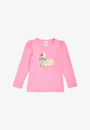 Rosa Langarmshirt für Kleinkinder mit Puffärmeln, vorne mit einem bestickten beigen Schwan mit grünem Band.