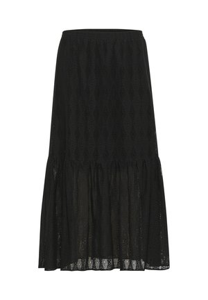 Black midi skirt featuring a textured lace design, gathered tier at the hem, and an elastic waistband for adjustable fit.