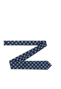 Navy blue jedwabny krawat z geometrycznym wzorem w jasnoniebieskim i szarym kolorze, z zakończeniem w szpic i gładką fakturą.