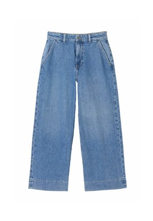 Light blue wide-leg jeans with a high waist, featuring two front pockets and a zipper fly. Made from denim with a textured finish.