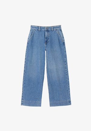 Light blue wide-leg jeans with a high waist, featuring two front pockets and a zipper fly. Made from denim with a textured finish.