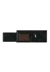Portafoglio in pelle nera con più scomparti per carte, una finestra trasparente per l'ID e una tasca con zip per le monete; texture liscia e design minimalista.