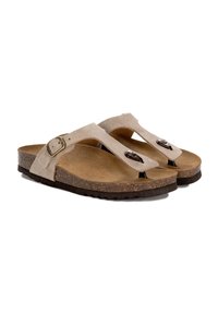 Sandali in suede beige con soletta in sughero, suola in gomma e dettagli in metallo. Design open-toe con stile a infradito.