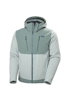 Insulated jacket in light grey with dark grey accents. Features a hood, front zip closure, and two zippered chest pockets. Smooth texture.