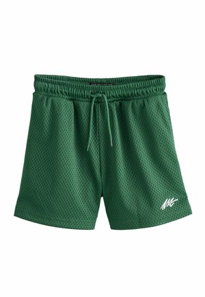 Șorturi verzi din plasă cu talie elastică, șnur ajustabil și detaliu cu logo alb pe partea inferioară dreaptă.