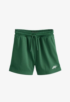 Zelené sieťované šortky s elastickým pásom, nastaviteľným sťahovaním a bielym logom na pravom spodnom boku.