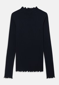 Langärmliges, geripptes Turtleneck-Shirt in dunklem Marineblau, mit einem rüschierten Ausschnitt und Saum sowie einer eng anliegenden Passform. Weicher Stoff.