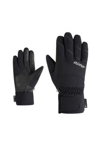 Schwarze Winterhandschuhe mit einer strukturierten Lederhandfläche und Nylonstoff. Merkmale sind gestickte Akzente, elastische Bündchen und ein Logolabel.