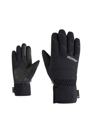 Black winter gloves with a textured leather palm and nylon fabric. Features stitched accents, elastic cuffs, and a logo label.