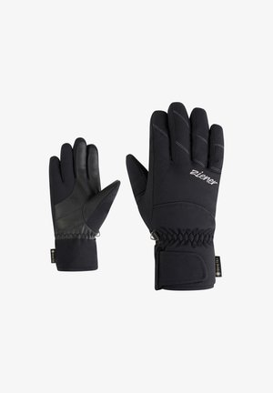 Black winter gloves with a textured leather palm and nylon fabric. Features stitched accents, elastic cuffs, and a logo label.