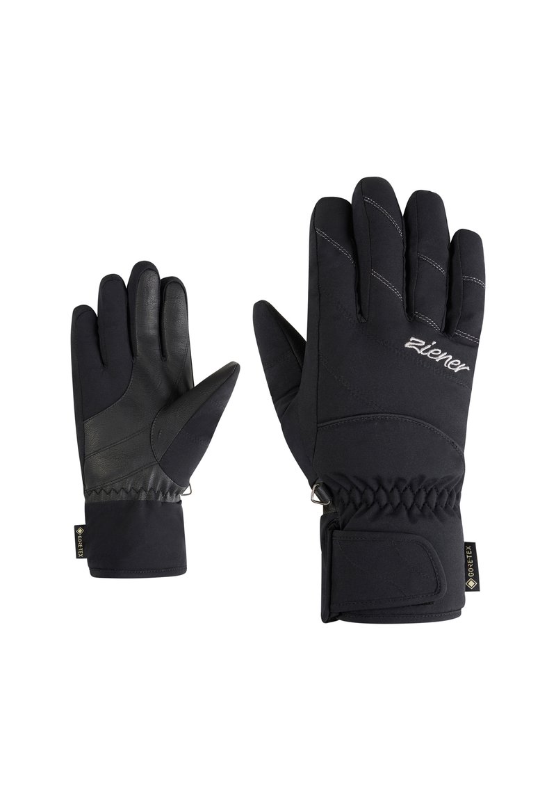 Schwarze Winterhandschuhe mit einer strukturierten Lederhandfläche und Nylonstoff. Merkmale sind gestickte Akzente, elastische Bündchen und ein Logolabel.