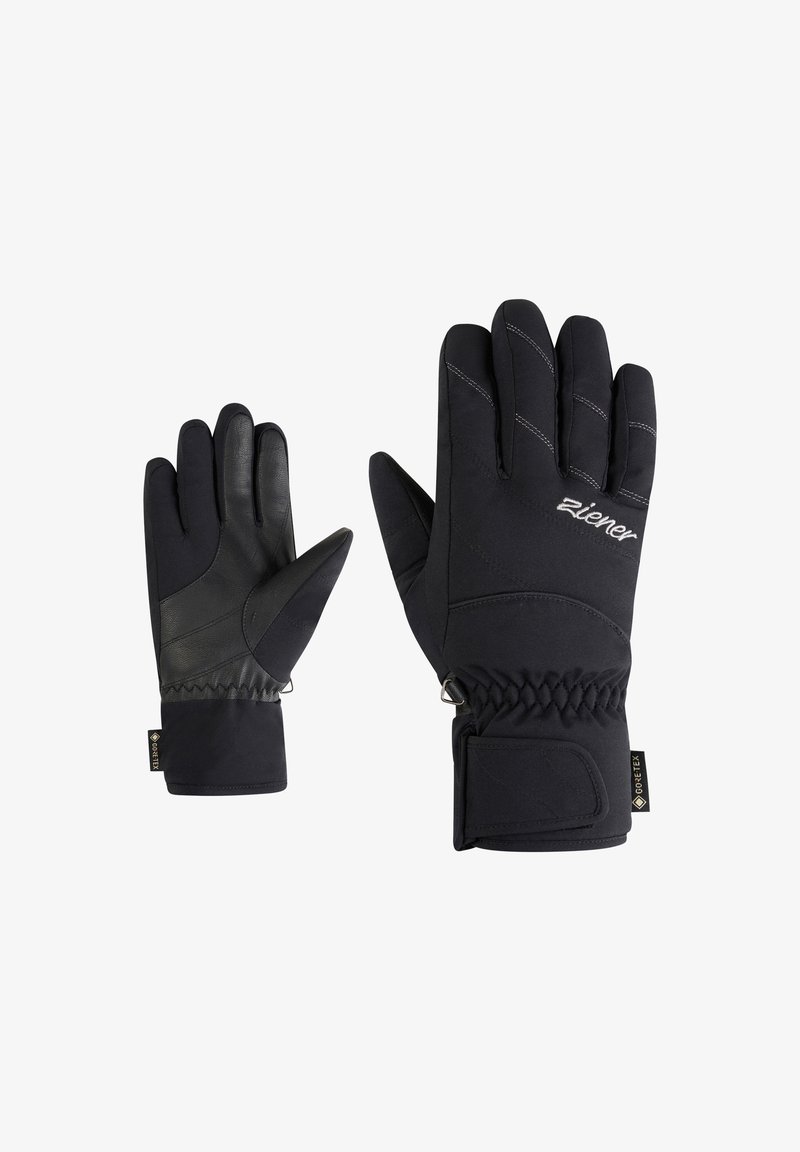 Schwarze Winterhandschuhe mit einer strukturierten Lederhandfläche und Nylonstoff. Merkmale sind gestickte Akzente, elastische Bündchen und ein Logolabel.