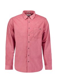 Rode corduroy overhemd met lange mouwen, met een button-down kraag, een enkele borstzak en een frontale knoopsluiting. Heeft donkere knopen en een zachte textuur.